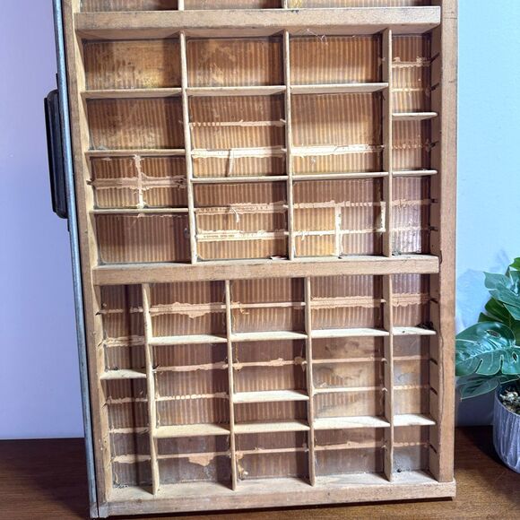 Antique Printers Tray Type Case Old Wooden Drawer Vintage Miniatures Shelf 16x32 - Picture 4 of 6